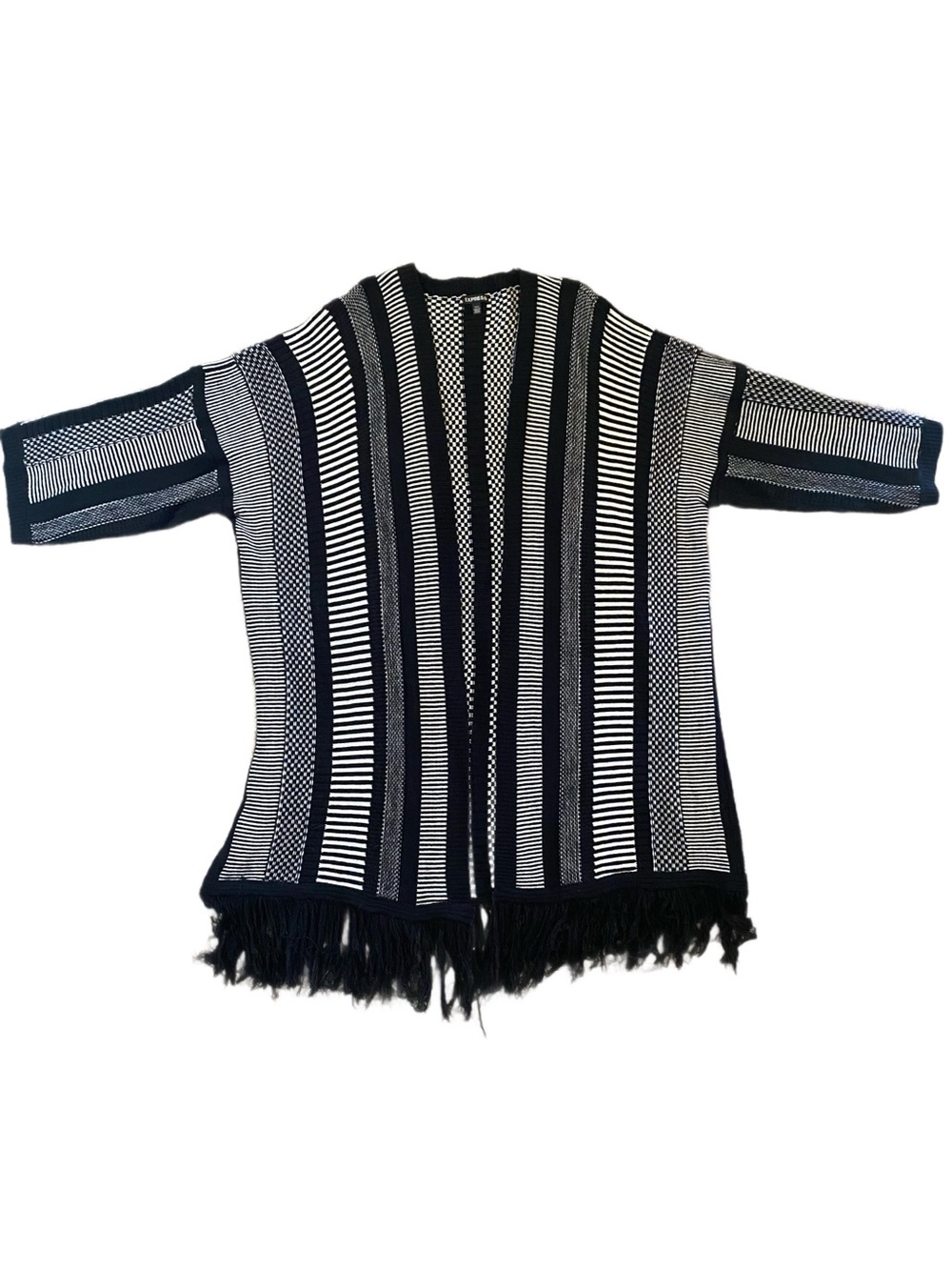 Express Mixed Knit Striped Boho Fringe Duster Cardigan Open Front One Size